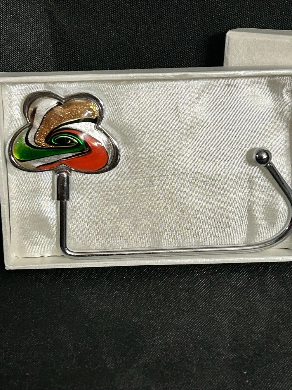 Murano Deco Collection Purse Hook with Green, Orange, Red & Gold Glass Accent